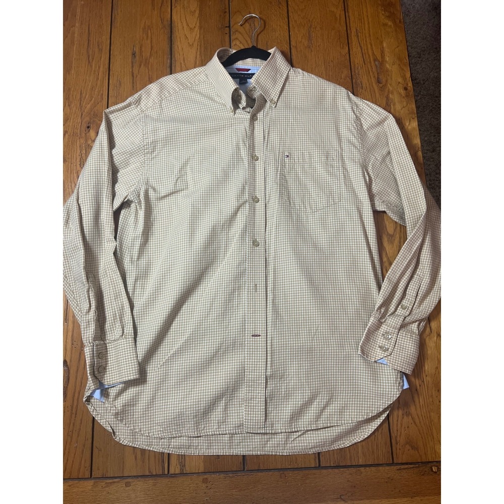 Tommy Hilfiger Mens Tan Gingham Button Down Shirt M Long Sleeve Logo Pocket